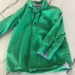 Boy H&M green button down shirt 12-18 mo. Pinstripe lining on collar and cuffs.
